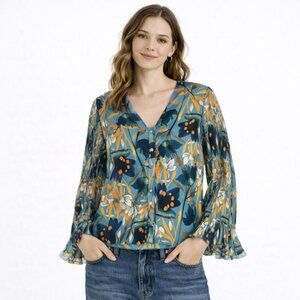 MILLY Floral Accordion Pleat Bell Sleeve Blouse – Retro Femme Statement – Size L